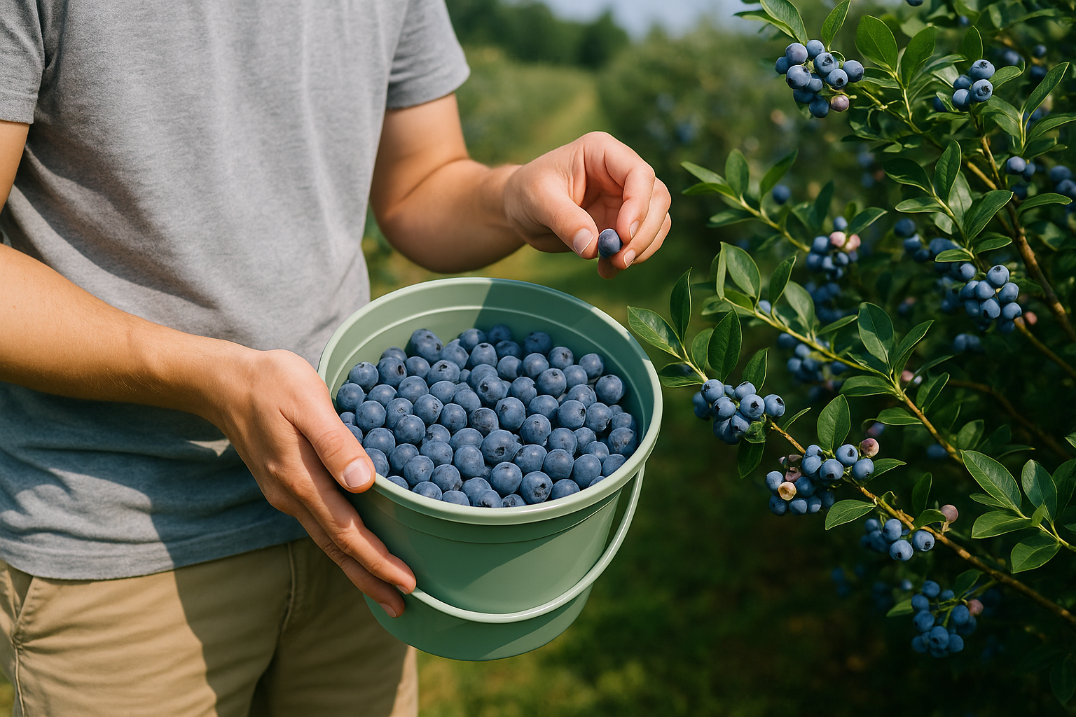 Picking ripe blueberries